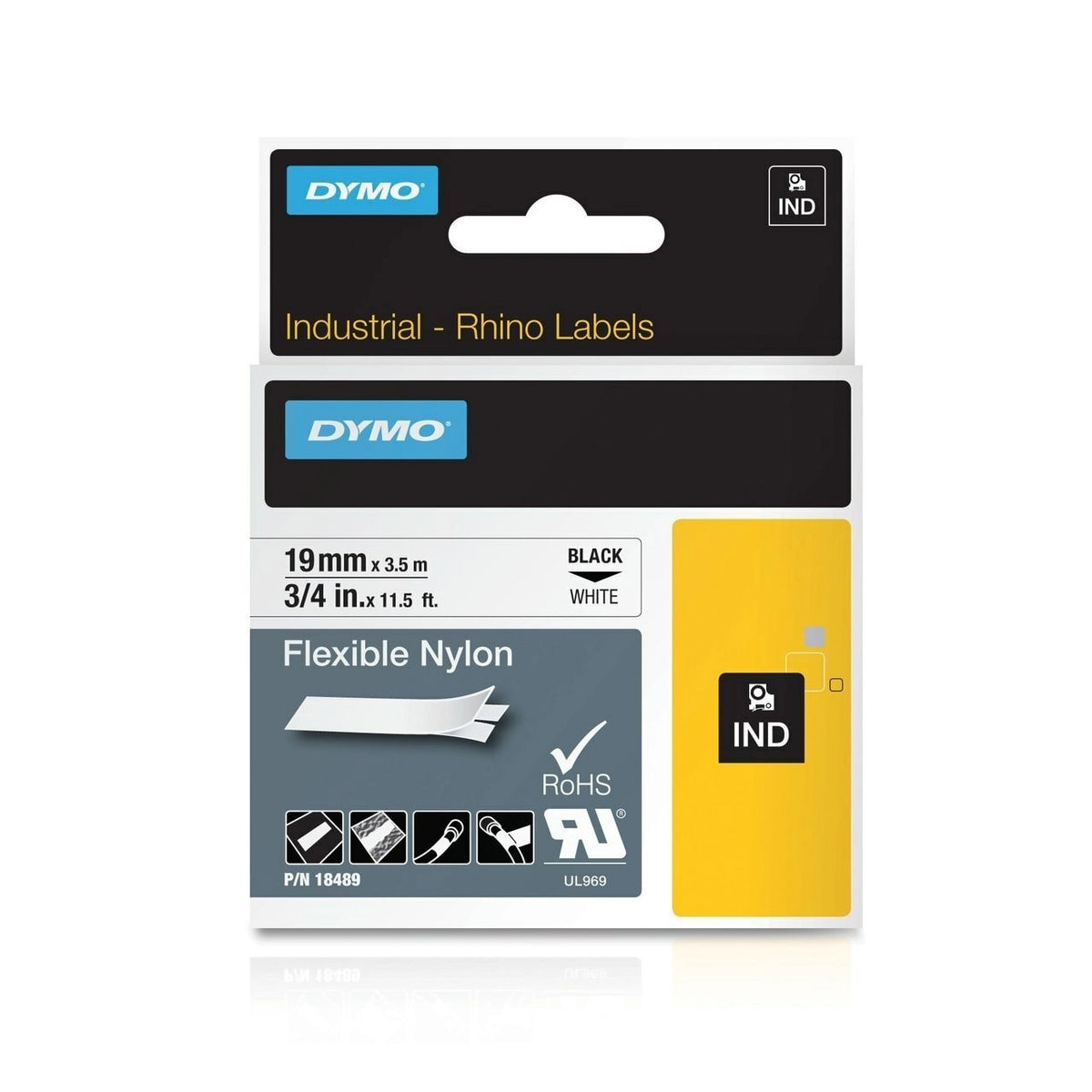 DYMO Rhino 18489 Flexible Nylon Label Tape 19mm Black on White