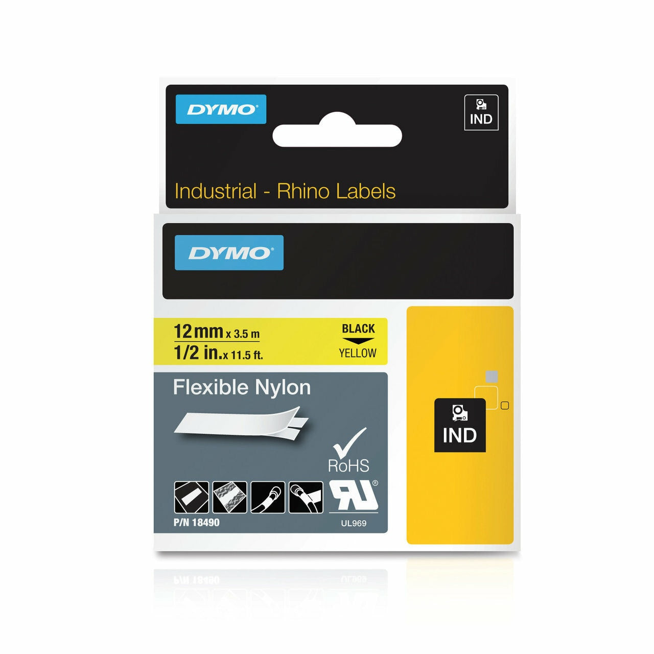 DYMO Rhino Flexible Nylon Labels 12mm Black on Yellow – 18490
