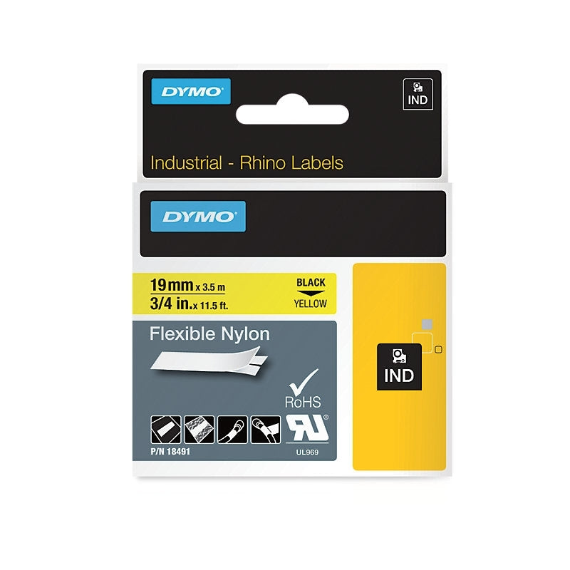 DYMO Rhino Flexible Nylon Labels 19mm Black on Yellow – 18491