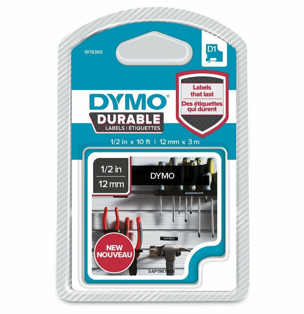 Dymo Durable Labels 12mm x 3M - White on Black