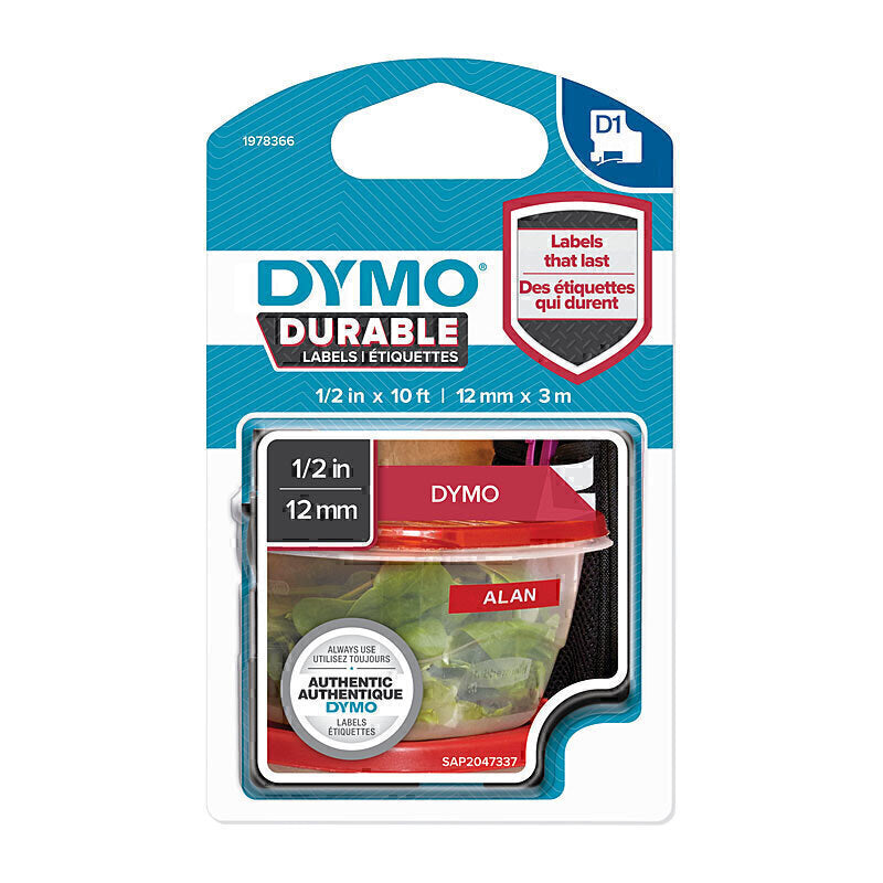 Dymo Durable Labels 12mm x 3M - White on Red