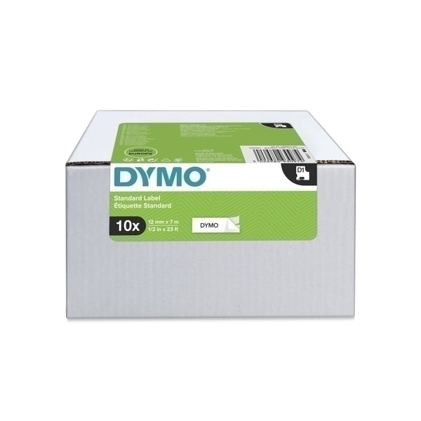 Dymo D1 Label Cassette 12mm x 7M - Black on White - 10 Pack