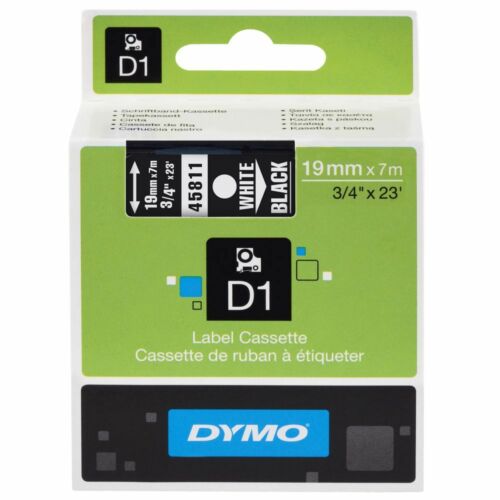 Dymo D1 Label Cassette 19mm x 7M - White on Black