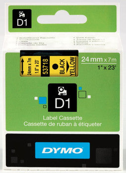 Dymo D1 Label Cassette 24mm x 7M - Black on Yellow