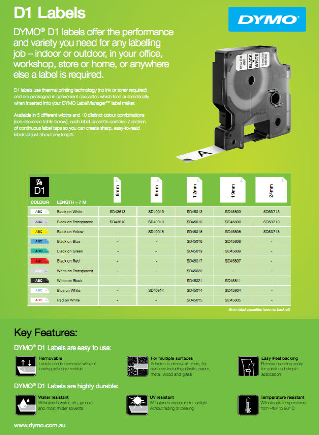 Dymo D1 Label Cassette 9mm x 7M - Black on White